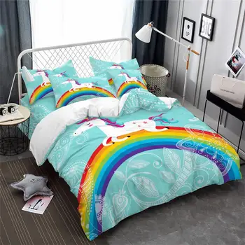 

Sky Blue Unicorn Bedding Set Kids Colorful Cartoon Duvet Cover Set Rainbow Floral Print Bed Cover Festival Gift Bed Cover D35
