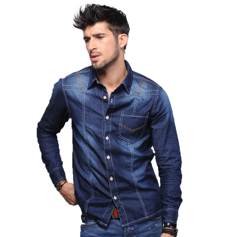 ZAPUYO Высокое качество Мужчин Джинсы Рубашка Slim Fit Бренд Случайные Джинсовые