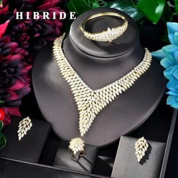 

HIBRIDE Luxury Design Gold Color Nigerian Wedding Cubic Zirconia Necklace Dubai 4PCS Dress Jewelry Set For Party Gifts N-824
