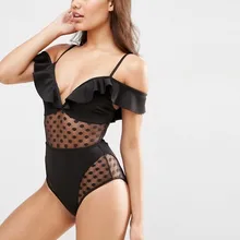 Для женщин черный Кружево прозрачный с плеча Одна деталь Купальник Глубокий V Средства ухода за кожей Шеи Монокини Купальники для малышек Для женщин рюшами ванный комплект