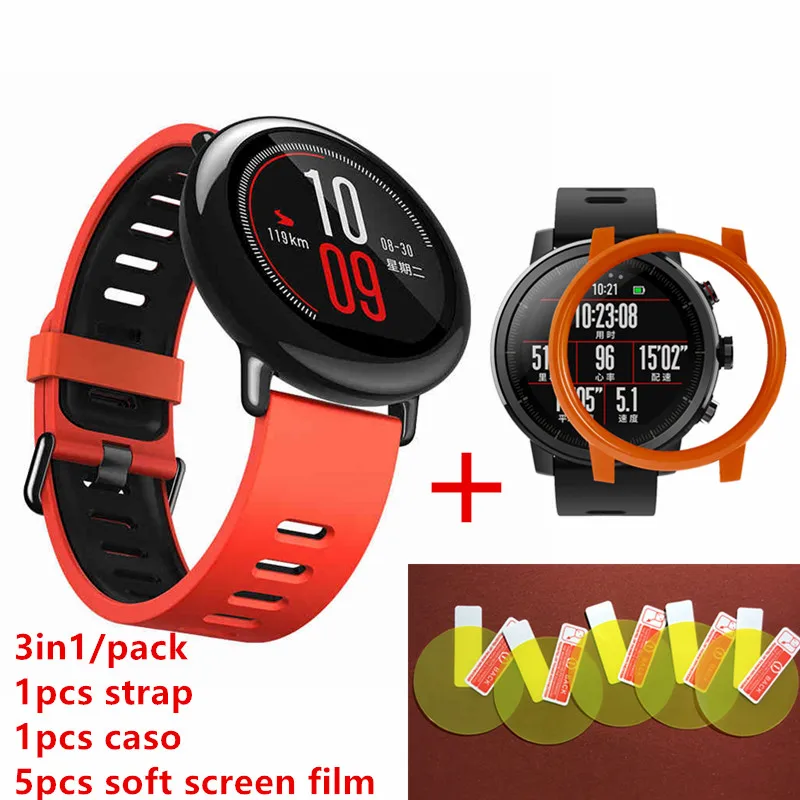 3в1 Huami Amazfit Stratos 2 силиконовый ремешок 22 мм+ TPU caso+ 5 шт. мягкая пленка для экрана для xiaomi Huami Amazfit Pace ремешок для часов - Цвет: Red plus Orange