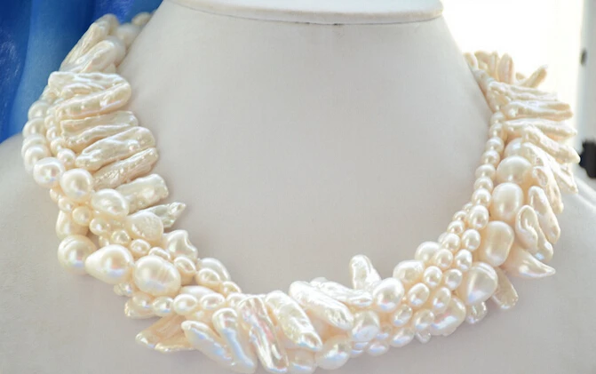 

HOT 0015202 5strands white rice baroque biwa freshwater pearl necklace