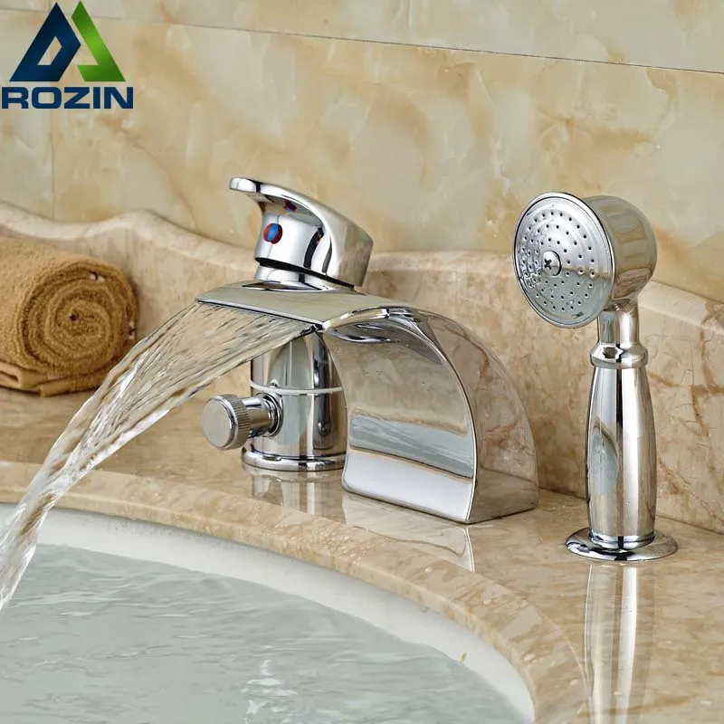 moderna singola maniglia 3 fori cascata vasca da bagno miscelatore rubinetti rubinetto vasca con doccia palmare