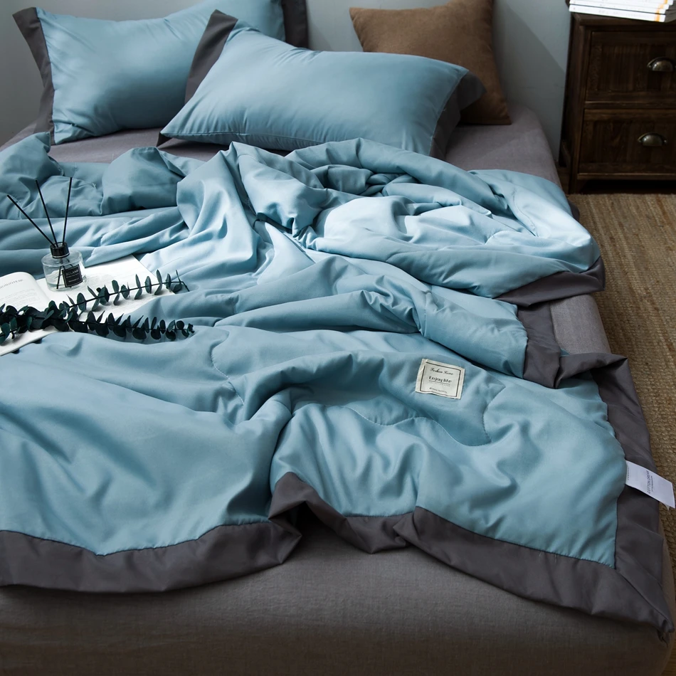 Blue Summer Throw Blanket Quilt Set Pillowcases Solid Color Light Weight Brief Style Bedding | Дом и сад