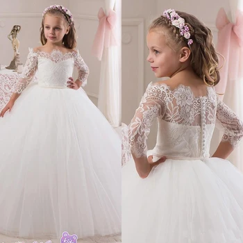 

2019 Cheap Off The Shoulder Flower Girls Dresses Long Sleeve Back Cover Button Puffy Tulle Holy First Communion Dress Kids Pagea