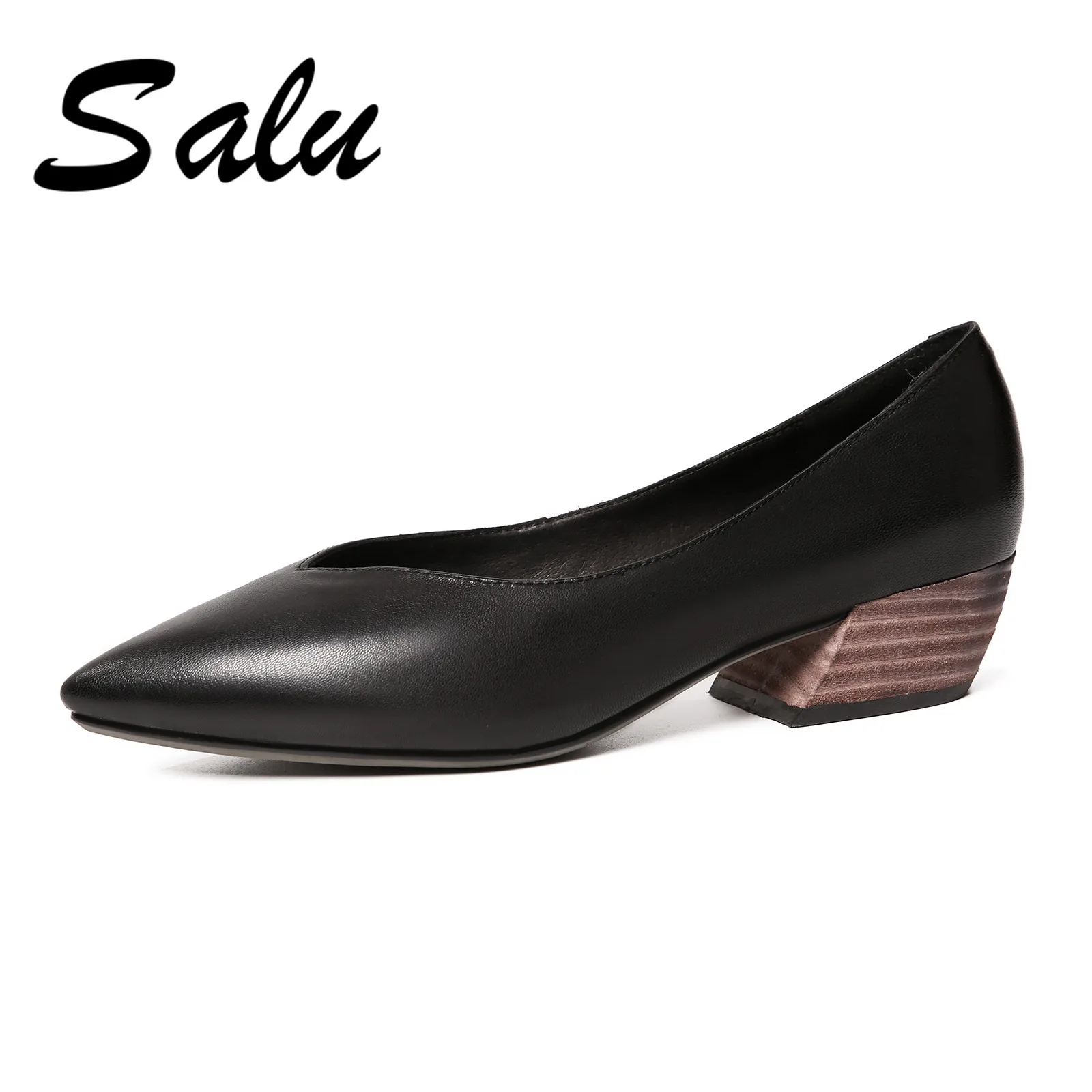 

Salu 2019 Office Ladies Shoes Women Pumps Pointed Toe Simple and Fashion Style square High Heels Shoes Genuine Leather