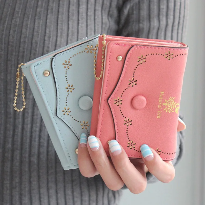 

2015 New Fashion Design PU Leather Wallets Retro Hollow Carved Mimosa Ms. Wallet Short Mini Lady Clutch Card Purse