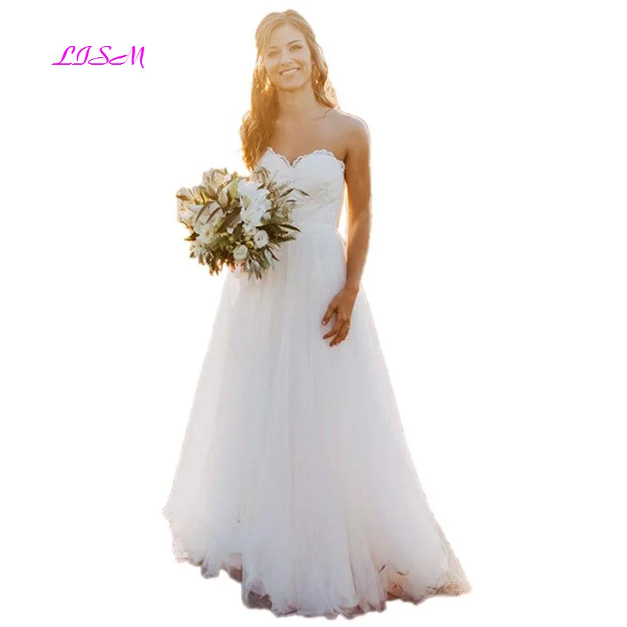 

Lace Long Wedding Dress Boho A Line Sweetheart Bridal Gowns White Beach Appliques Princess Bride Dress Free Shipping abito sposa