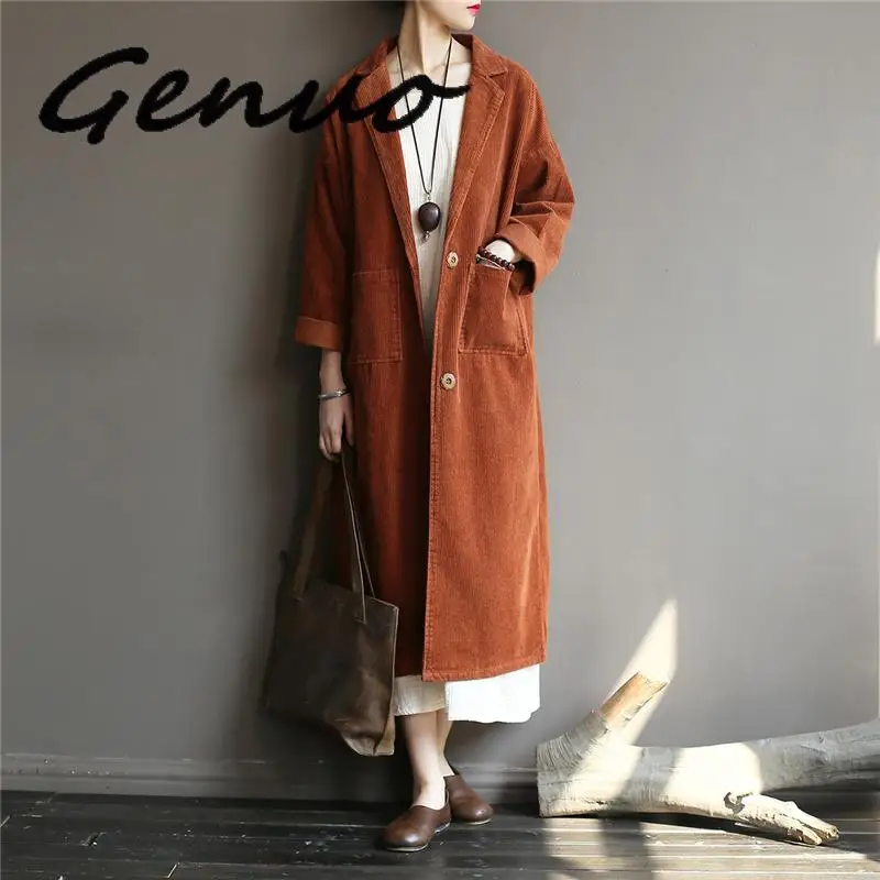 Caramel color Women Corduroy Trench Coats Autumn Winter New Solid Color Long Sleeve Button Pockets Casual Loose Women Trench - Color: Caramel color