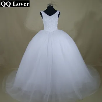 

QQ Lover 2019 Luxury Lace Up Back Ball Gown Wedding Dresses Chapel Train Ball Wedding Gown