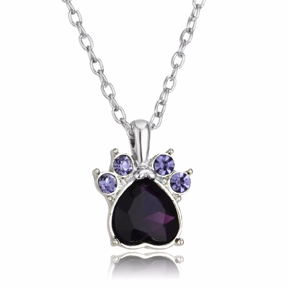 

24PC/Lot Cat Paw Birth Stone Pendant Necklace Purple Crystal Rhinestone Dog Claw June Necklaces For Women Animals Lover Gifts
