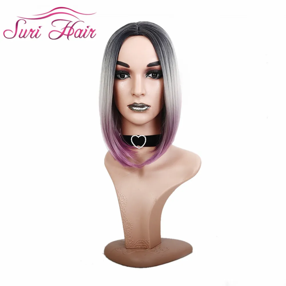 Сури волосы 14 дюймов черный Омбре фиолетовый парики боб прямые бесклеевые синтетические короткие парики для американских женщин Косплей парики поддельные волосы