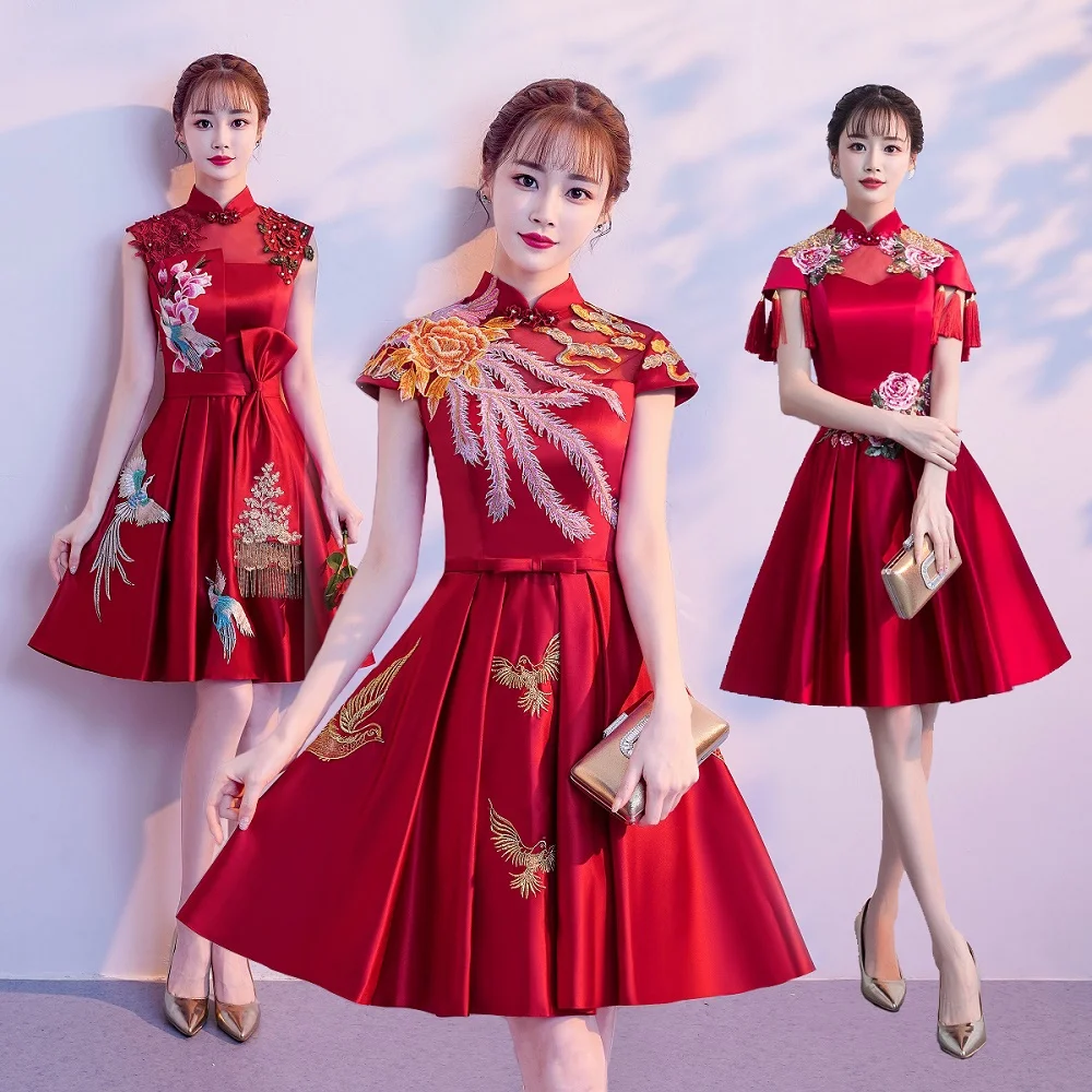 Китайское свадебное платье для невесты, летнее женское платье с коротким рукавом, элегантное платье Чонсам с цветочной вышивкой, винтажное Восточное женское платье Qipao XS-XXL