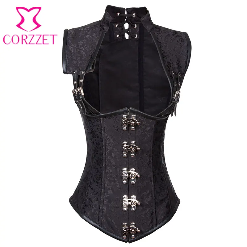 Corzzet Black Leather Armor Steampunk Collared Waist Trainer Corset Vest Steel Boned Plus Size 