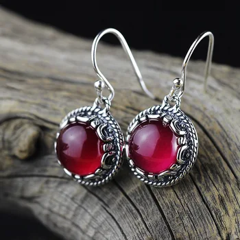 

Real Sterling Silver 925 Earrings Natural Stone Round Shaped Drop Ruby Earrings For Women Jewellery Accessories
