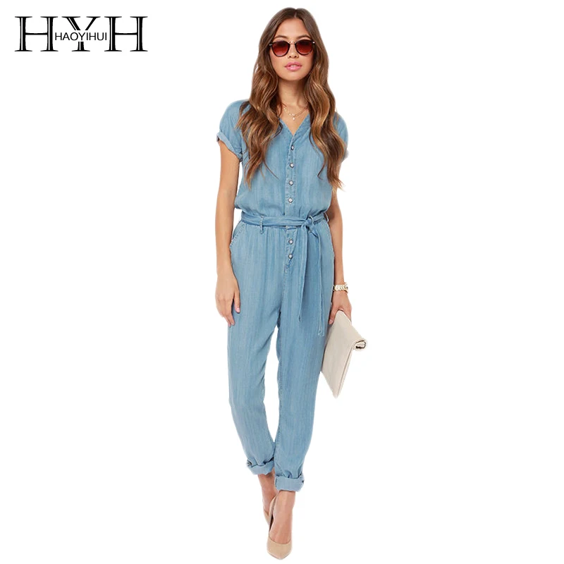 

HYH Haoyihui Brand 2018 Women Blue V Neck Tie Waist Denim Singal Buttons Short Sleeve Female Elegant Casual Jumpsuits