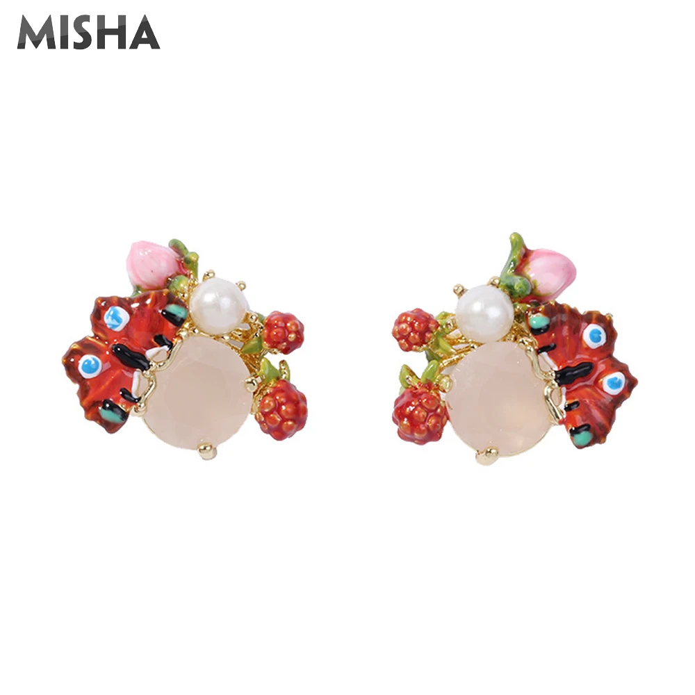 

MISHA Luxury Stud Earrings For Women Simulation Gems Red Butterfly Design Birthday Gift Handmade Enamel Glaze Top Quality 680