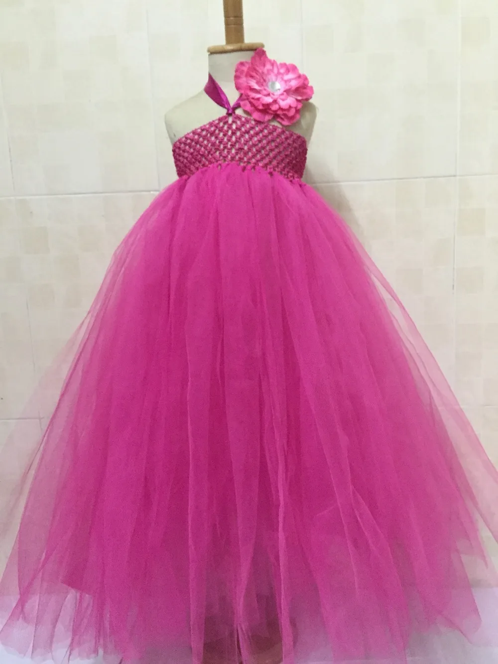 

Girls Hot Pink Long Tutu Dress Kids Handmade Crochet Tulle Tutus Ball Gown with 4" Peony Flower Headband Children Party Dresses