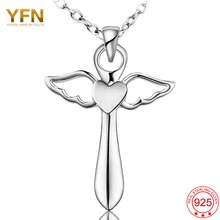 YFN Joyería de Las Mujeres 925 Collar de Plata Ángel Ala volante GNX8780 Corazón Cruz Colgante con Collar de Cadena de 18 pulgadas