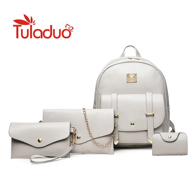 3 Set Women Backpacks Solid Fashion School Bag For Teenage Girls High Quality PU Leather Vintage