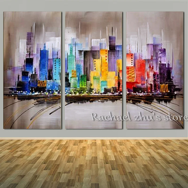 

Hand Painted Abstract Colorful Cityscape Oil Painting On Canvas Three Pieces Building Wall Pictures Living Room Home Decoration