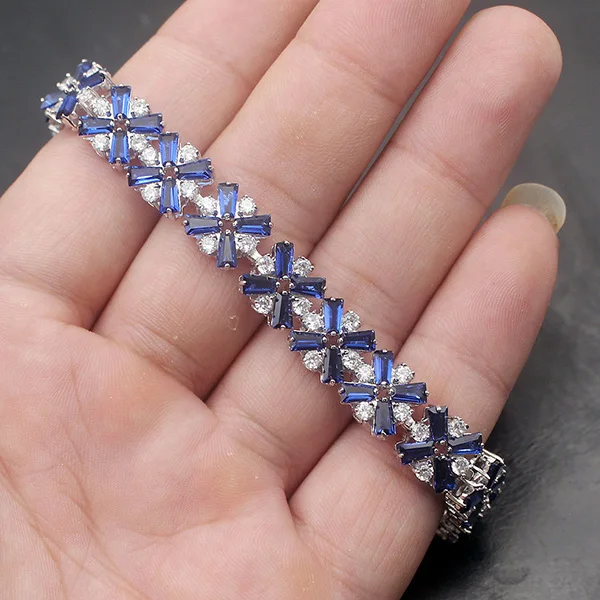 38% OFF Natural Gems Stone Shiny 925 Sterling Silver Tennis Chain Links Bracelet Women Jewelry 7 8 inch - Окраска металла: blue