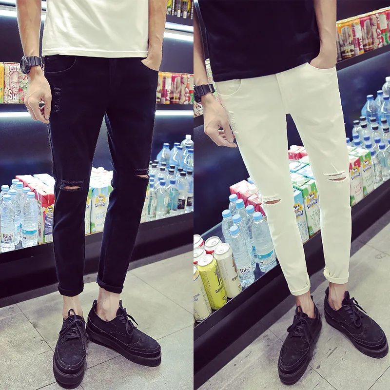 

New 2017 Fashion Teenager Hip Hop Boys Street City Casual Jeans Knee Distressed Hole Ankle-Length Pants Harem Slim Fit trousers