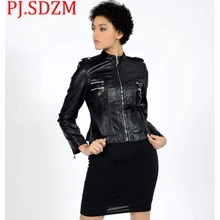 Осень-зима Для женщин PU куртка из искусственной кожи в европейском стиле; Модные женские черные обтягивающие сапоги паровоз пальто на молнии женский воротник-стойка; верхняя одежда