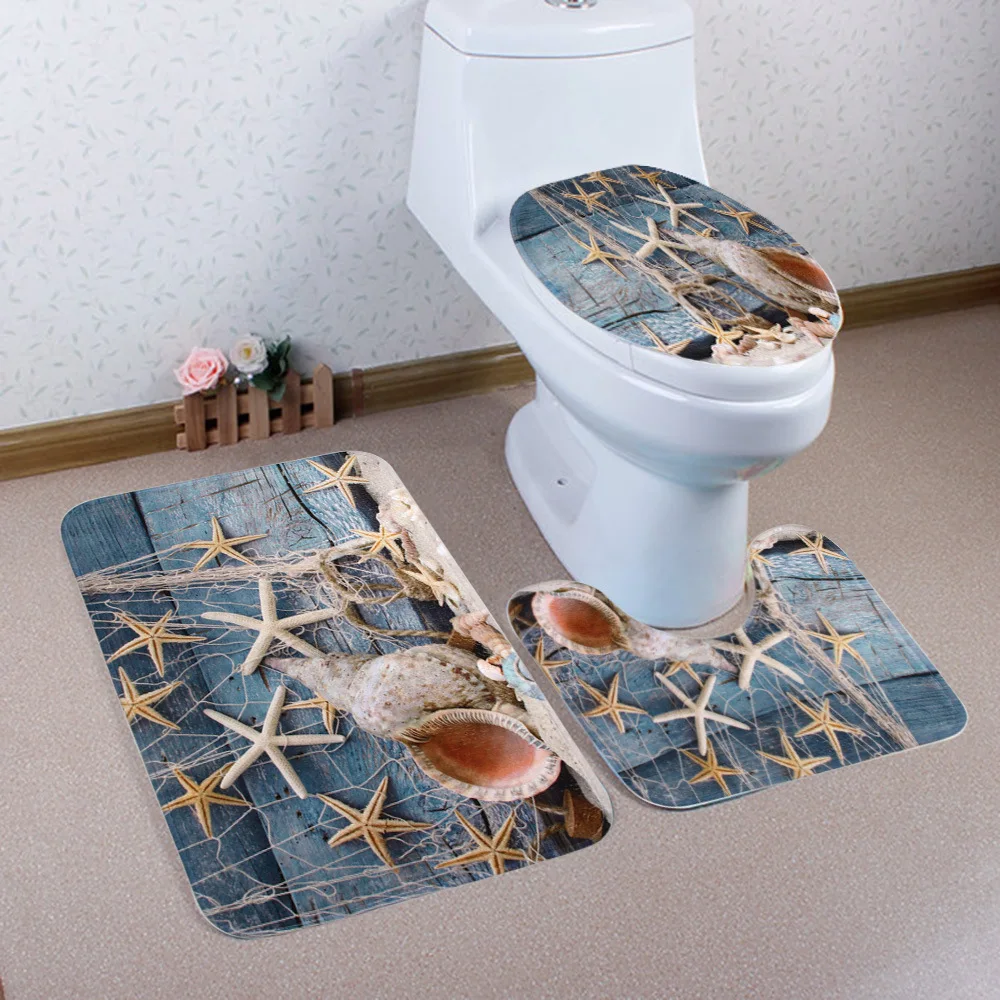 Cilected 3Pcs Toilet Mat Starfish Shell Pattern Bath Mat Pedestal Rug