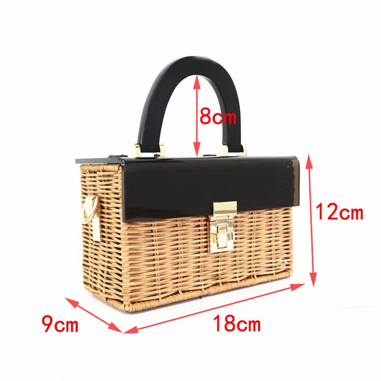 Fashion new acrylic flip straw braided bag wooden handle woven bag handmade holiday travel rattan bag