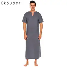 Ekouaer мужские рубашки из хлопка, пижамы с коротким рукавом, одноцветные, с разрезом по бокам, с вырезом, длинная Пижама, ночная рубашка, повседневная домашняя одежда