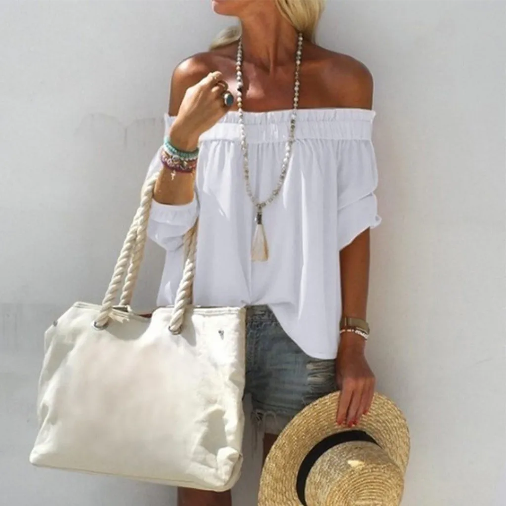 

feitong Women's Off Shoulder Loose Top Blouse Fashion Solid Color Half Sleeve Elegant Streetwear Blouse Women Roupas Feminina