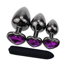 Erotic Massager Metal Butt Plugs Purple Heart Crystal Base Black Anal Plug Dildo Beads Vagina Insert Men Prostate Massager