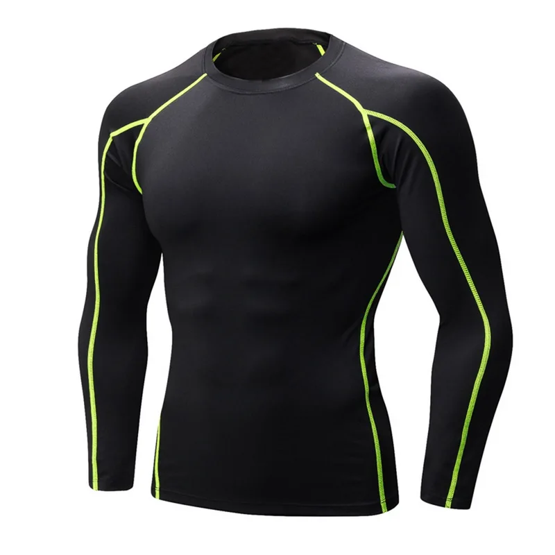 Для бодибилдинга с длинным рукавом тренировка и спортивная футболка для мужчин быстросохнущие спортивные футболки для бега полосатые спортивные футболки для фитнеса мужские Рашгард Топ - Цвет: Green Stripe