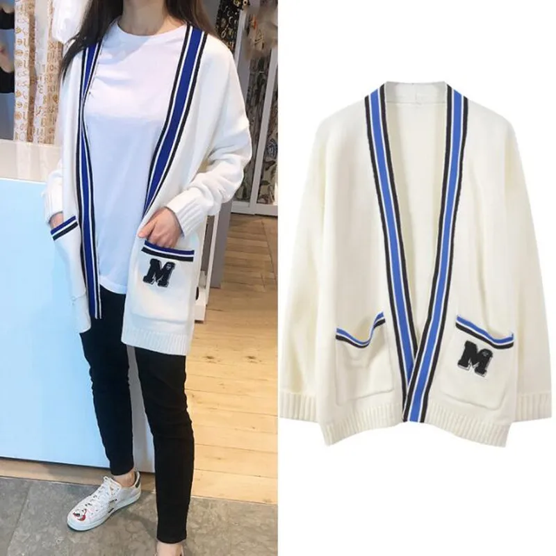 Sweater Women Cardigan Knitted Striped Shrug Plus Size Letter Embroidery Pockets Coat Runway Maxi Overalls Autumn Winter Tops