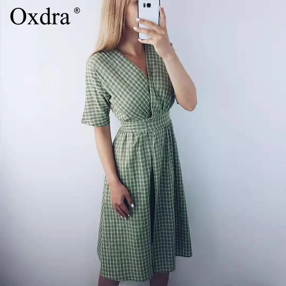 

Oxdra Sweet Plaid Long Dress Women Long Sleeve V-Neck Green Casual Dress With Sashes 2019 Spring Summer