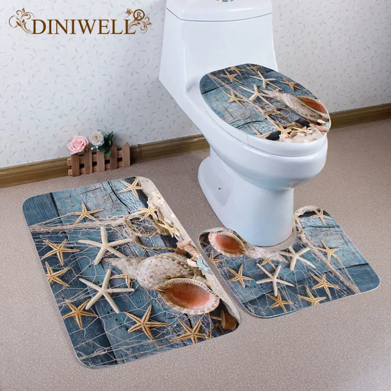 

DINIWELL 3Pcs/set Coral Velvet Toliet Starfish Zakka Style Conch Cover Pad Cushion Mats For Bathroom