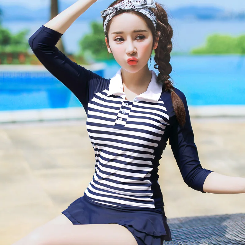 

Modern Two-piece Swim Suits Navy Blue Stripes Swimwear Long Sleeve Swimsuit Tankinis Set Modest Bathing Suit for Women Girls