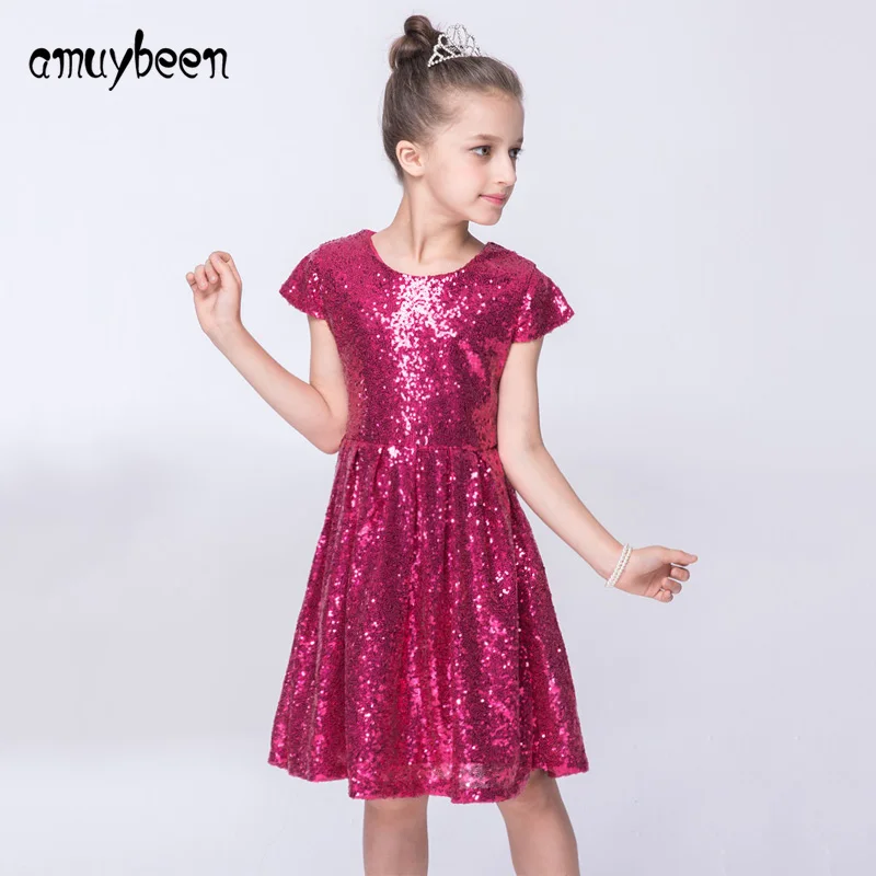 

Amuybeen 2018 Girls Sequins Party Princess Dress Baby Pink Blue Bling Bling Costumes Kids Summer Dresses Gold Children Clothing