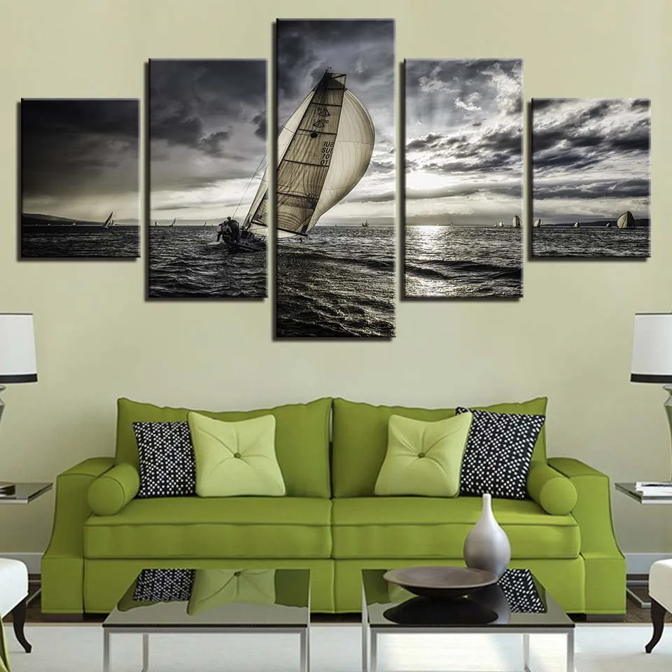 

Home Decor Canvas Painting HD Prints 5 Pieces Sail Boat Wall Art Modular Sea Landscape Pictures For Living Room Artwork Poster