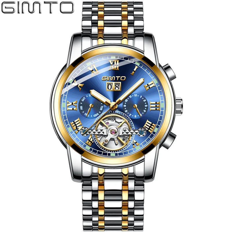 God Blue GIMTO Мужские автоматические механические часы мужские золотые часы из нержавеющей стали часы с датой механизм турбийон наручные часы - Цвет: God Blue