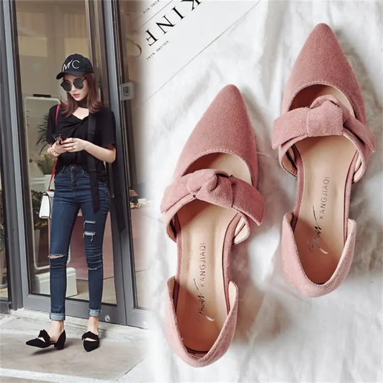 

2019 new fashion shallow mouth bow with high-heeled thick versatile pointed sweet single shoes.
