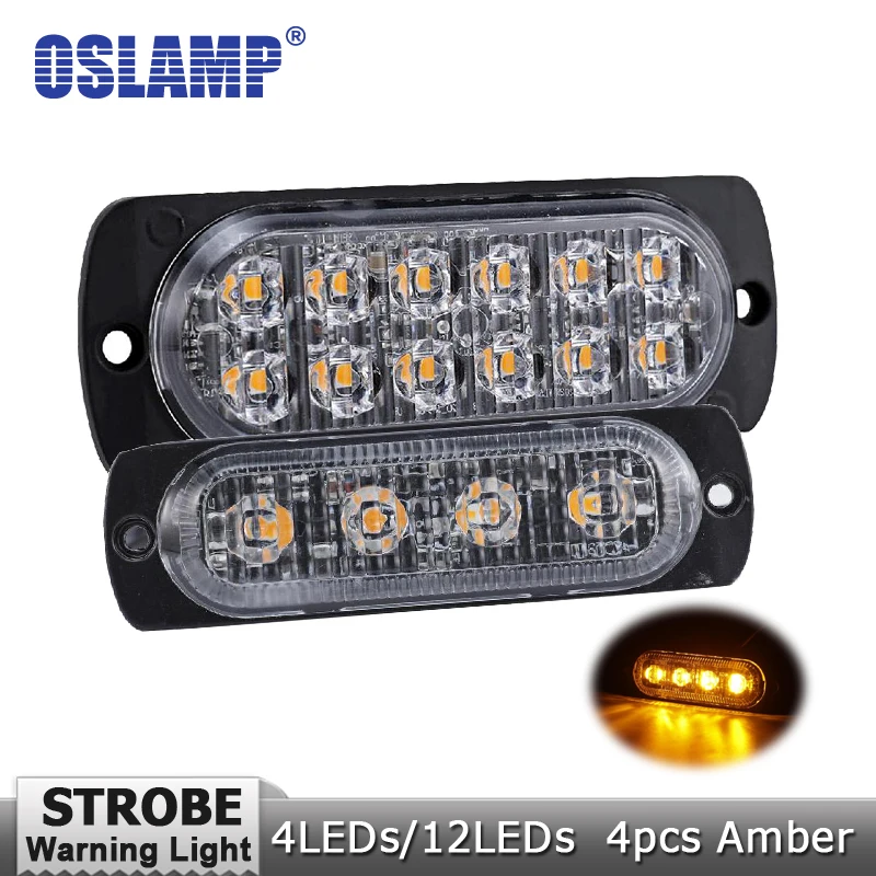 

Oslamp 4pcs 4LEDs/12LEDs Amber/Yellow Grille Flashing Light Auto Strobe Warning Light for Fog Weather Flash Emergency Lamps