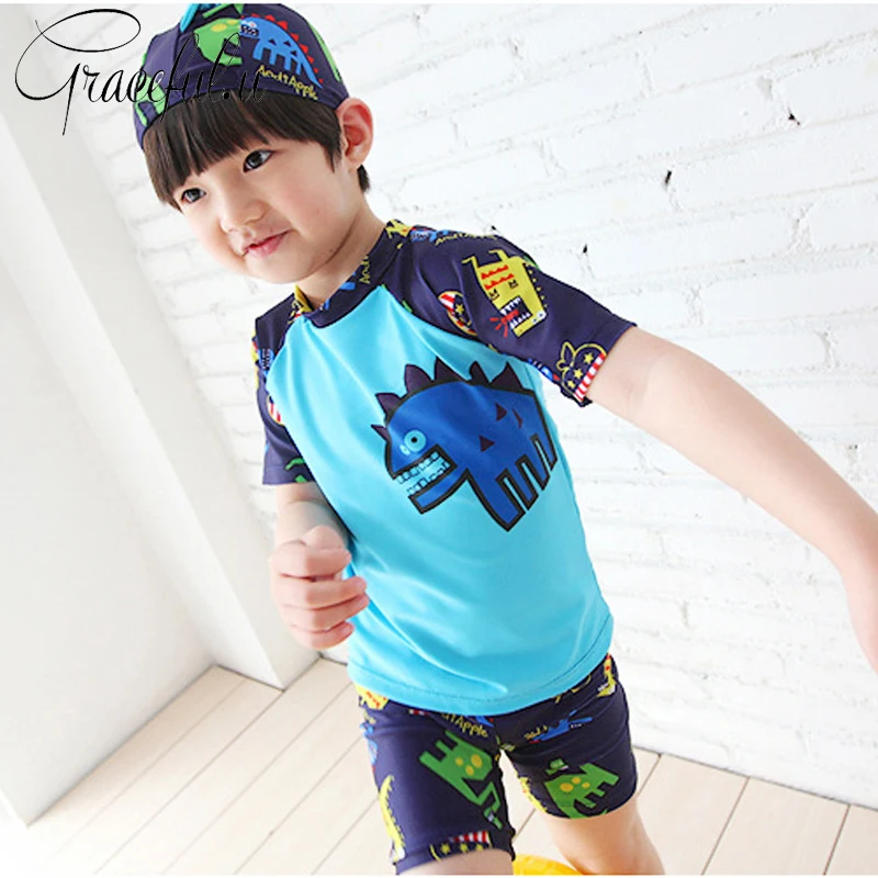 

Hot Boys Swimsuit 3pcs/set Hat+Shirts+Shorts Kids Swimwear Boys Beachwear Sports Swimming Trunks for Children