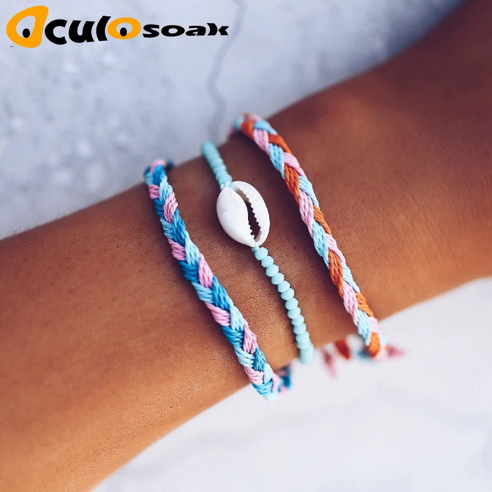 

3PCS Boho Shell Handmade String Bracelet Knotted Woven Friendship Bracelets for Women Macrame Bracelet Set Beach Jewelry