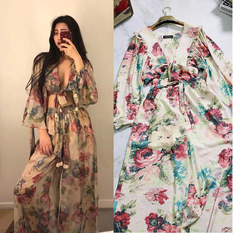 

2019 Spring New Women Wear European American Stars Same Retro Printed Lotus Leaf Ribbon Lantern Sleeved Wide Leg Pants Set Women