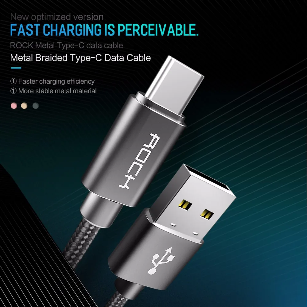 Металлический usb type-C кабель, ROCK Metal Быстрая зарядка usb type-C кабель для samsung Galaxy S8 Note 8, OnePlus 2, для Xiaomi 4C USB-C