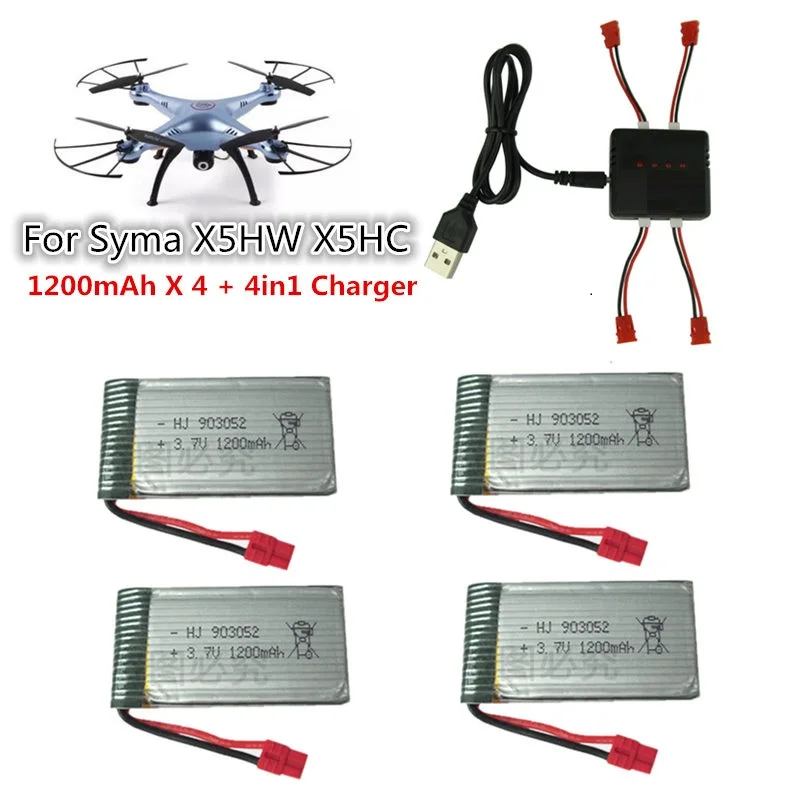 

3.7V 1200mah Syma X5HC X5HW Battery Spare Parts 3.7V 1200mAh Li-Battery For Syma X5HC X5HW with 4in1 Balance Charger 5pcs/lot