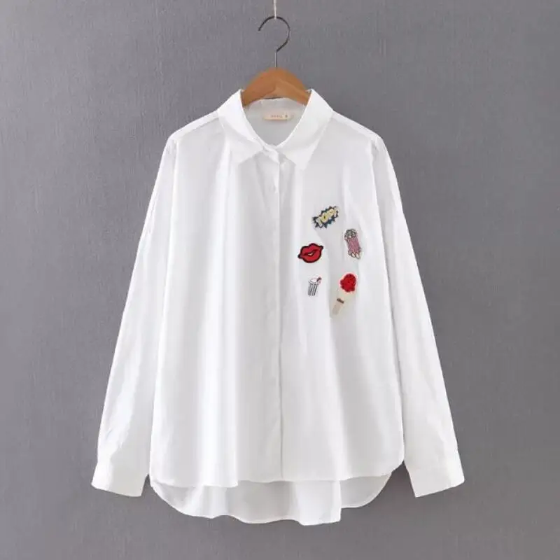 

Fashion Women Badge Patch stripe printing Shirts Turn-down Collar Blouse Casual Loose Tops Blusa Feminina S838