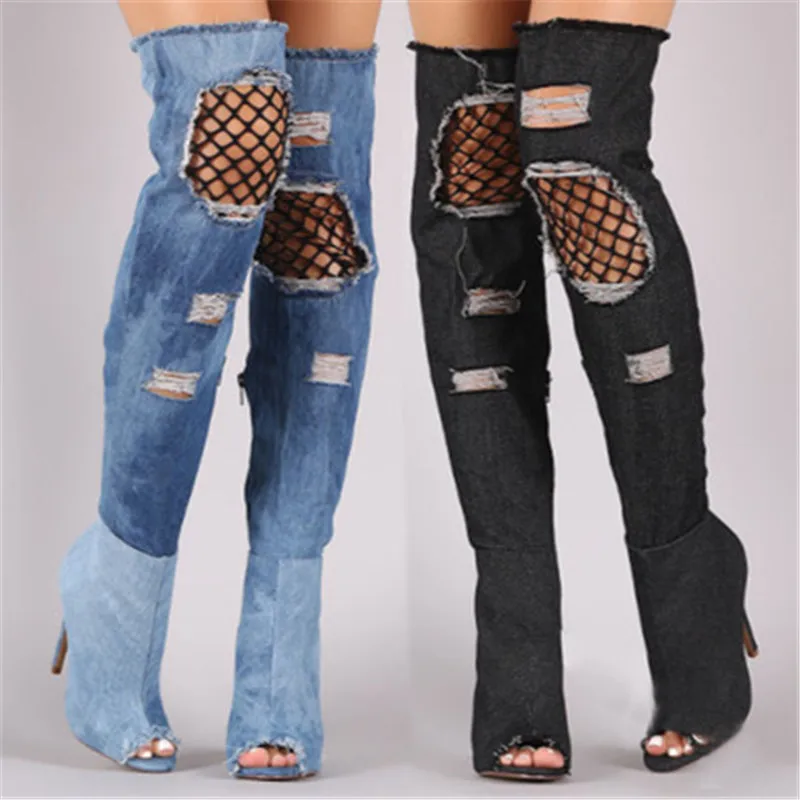 

plus size 34-43 woman Peep Toe Hollow boots spring autumn over the knee boots thin high heels shoes sexy denim party boot